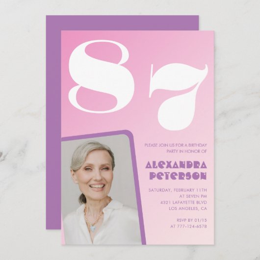 Roze Paarse Gradiënt Foto 87e verjaardag Kaart (Voorkant / Achterkant)