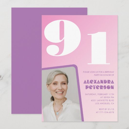 Roze Paarse Gradiënt Foto 91e verjaardag Kaart (Voorkant / Achterkant)