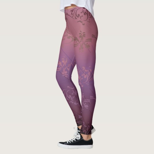 Roze Paarse Gradiënt Gestreepte Bloem Blad Patroon Leggings (Links)