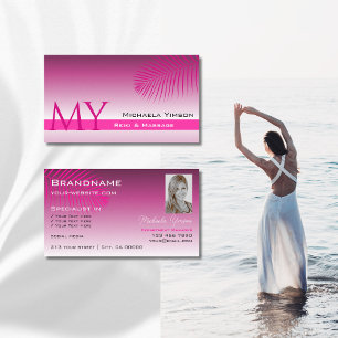 Roze Paarse gradiënt Palm Leaf Monogram en Foto Visitekaartje