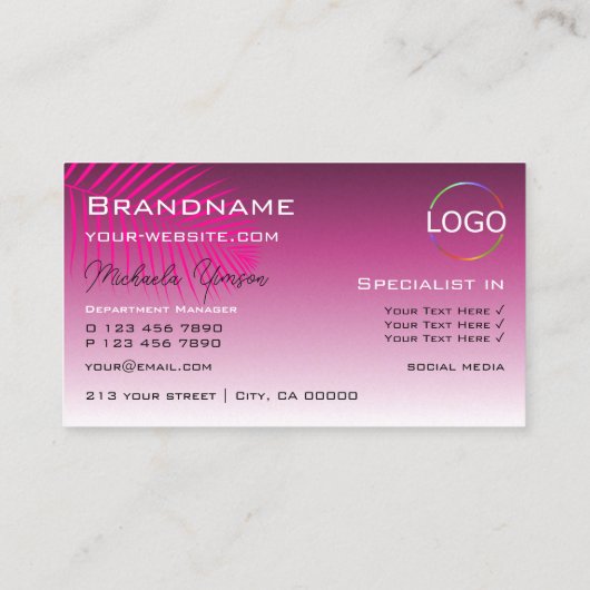 Roze Paarse gradiënt palmbladmonogram en Logo Visitekaartje (Achterkant)