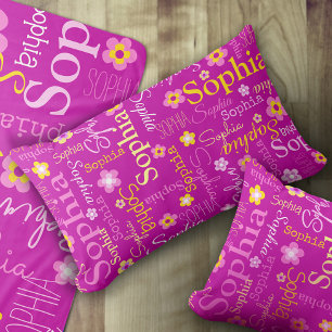 Roze paarse grafische bloemen tekst naam personali kussen