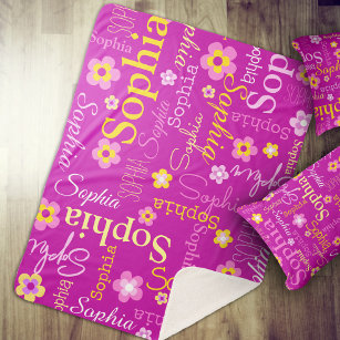 Roze paarse grafische bloemen tekst naam personali sherpa deken