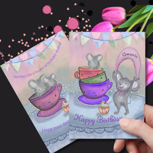Roze & Paarse Grappige Coole Muizen Verjaardagskaa Feestdagenkaart