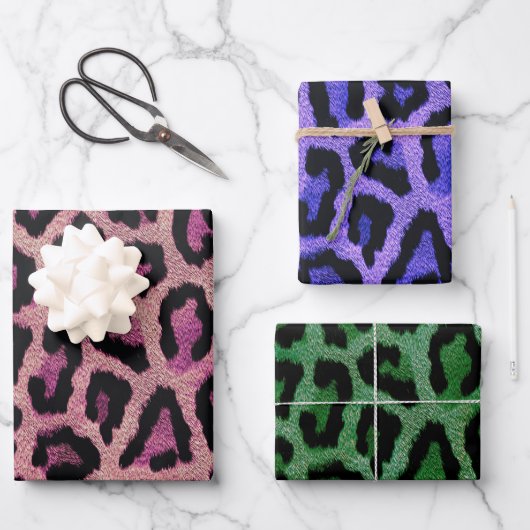 Roze Paarse Groen Zwart Leopard Dierenprint Inpakpapier Vel (Voorkant)