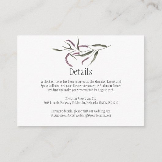 Roze Paarse Groene Bloemen Detail Behuizing Kaarte Informatiekaartje (Voorkant)