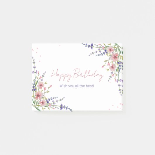 Roze Paarse Groene Bloemen Waterverf Happy Birthda Post-it® Notes (Voorkant)