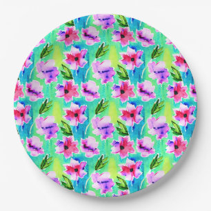 Roze, paarse, groene en blauwe waterverf bloemen papieren bordje