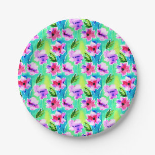 Roze, paarse, groene en blauwe waterverf bloemen papieren bordje
