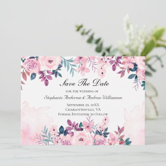 Roze Paarse Groene Floral Waterverf Wedding Save The Date (Staand voorkant)