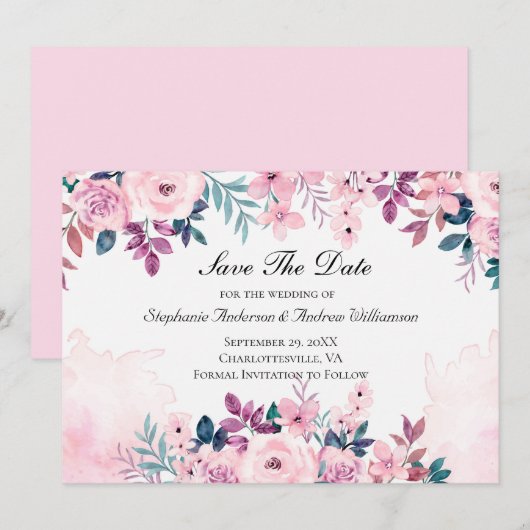Roze Paarse Groene Floral Waterverf Wedding Save The Date (Voorkant / Achterkant)