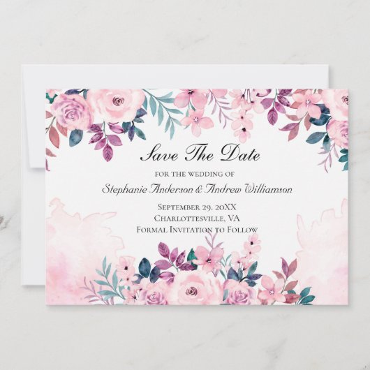 Roze Paarse Groene Floral Waterverf Wedding Save The Date (Voorkant)