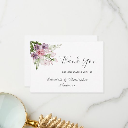 Roze Paarse groene Floral Weddenschap Hartelijk da Bedankkaart (Voorkant / Achterkant in situ)