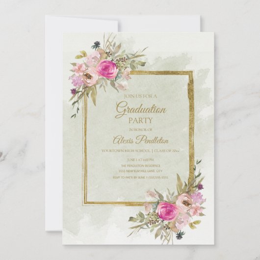 Roze Paarse Groene Leaves Gold Graduation Party Kaart (Voorkant)