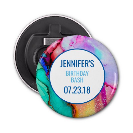 Roze Paarse Groene Marmer Abstracte Waterverf Button Flesopener (Voorkant)