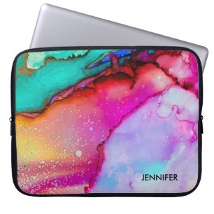 Roze Paarse Groene Marmer Abstracte Waterverf Laptop Sleeve