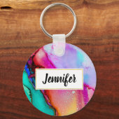 Roze Paarse Groene Marmer Abstracte Waterverf Sleutelhanger (Voorkant)