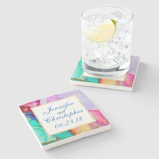 Roze Paarse Groene Marmer Abstracte Waterverf Stenen Onderzetter (Zijkant)