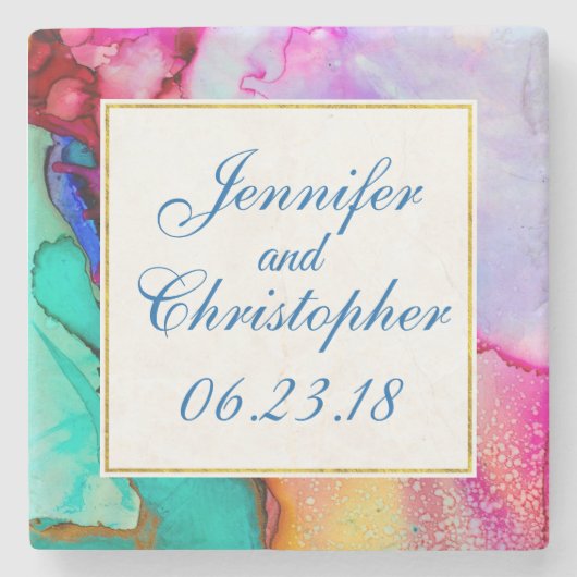 Roze Paarse Groene Marmer Abstracte Waterverf Stenen Onderzetter (Voorkant)