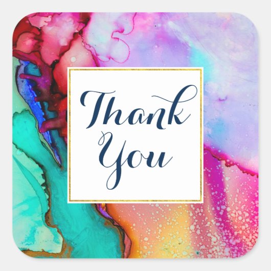 Roze Paarse Groene Marmer Abstracte Waterverf Vierkante Sticker (Voorkant)