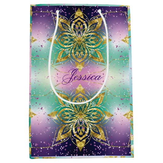 Roze paarse groene vakantiesnowflakes aanpassen medium cadeauzakje (Voorkant)