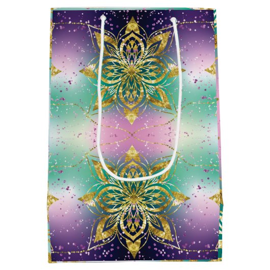 Roze paarse groene vakantiesnowflakes aanpassen medium cadeauzakje (Achterkant)