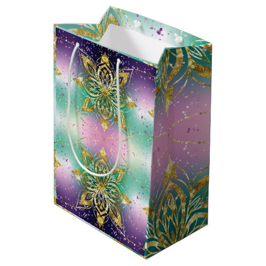 Roze paarse groene vakantiesnowflakes aanpassen medium cadeauzakje (Achterkant Gekanteld)