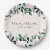 Roze Paarse & Groene Waterverf Bloem Bruiloft Papieren Bordje (Voorkant)