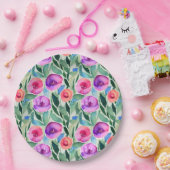 Roze, paarse, groene waterverf bloemen papieren bordje (Feest)