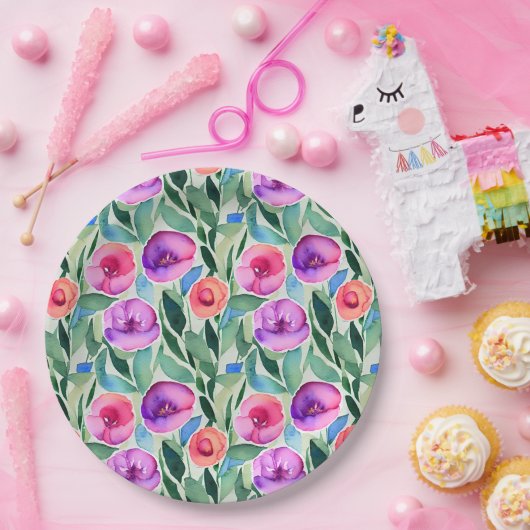 Roze, paarse, groene waterverf bloemen papieren bordje