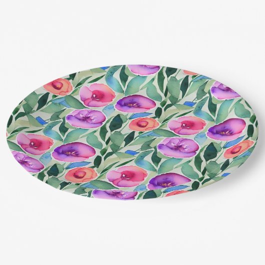Roze, paarse, groene waterverf bloemen papieren bordje (Gekanteld)