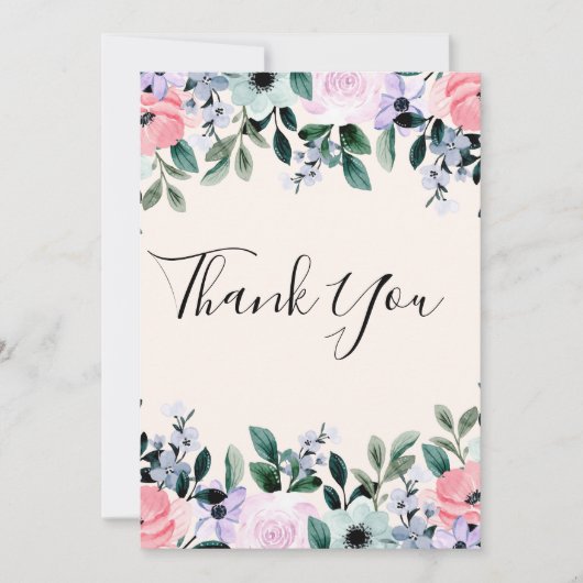 Roze Paarse groene Waterverf Floral Border Bedankkaart (Voorkant)