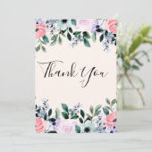Roze Paarse groene Waterverf Floral Border Bedankkaart (Staand voorkant)