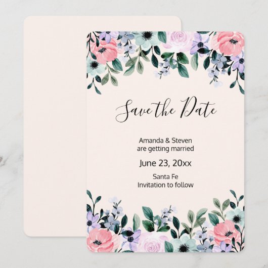 Roze Paarse groene Waterverf Floral Border Save The Date (Voorkant / Achterkant)