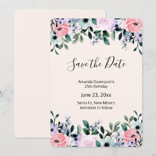 Roze Paarse groene Waterverf Floral Border Save The Date