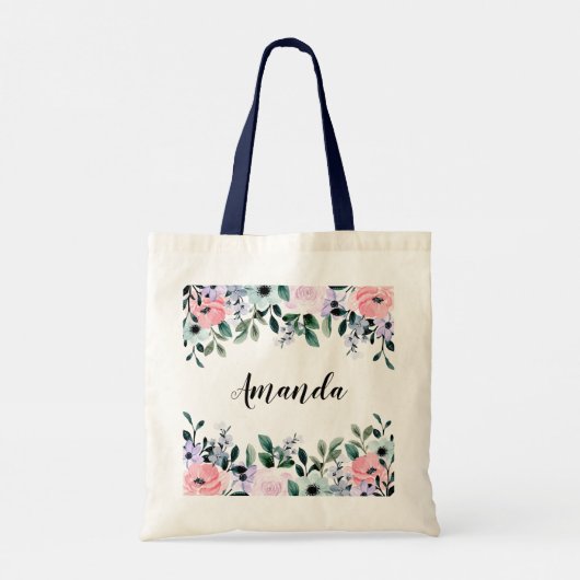Roze Paarse groene Waterverf Floral Border Tote Bag (Achterkant)