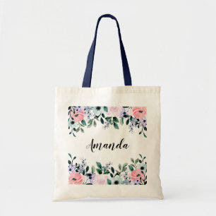 Roze Paarse groene Waterverf Floral Border Tote Bag