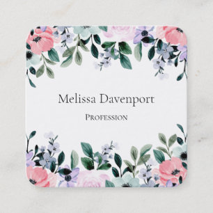 Roze Paarse groene Waterverf Floral Border Vierkante Visitekaartje