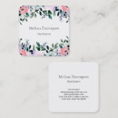 Roze Paarse groene Waterverf Floral Border Vierkante Visitekaartje (Voorkant / Achterkant)