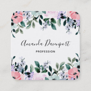 Roze Paarse groene Waterverf Floral Border Vierkante Visitekaartje