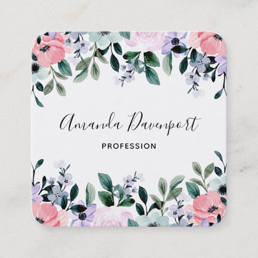 Roze Paarse groene Waterverf Floral Border Vierkante Visitekaartje (Voorkant)