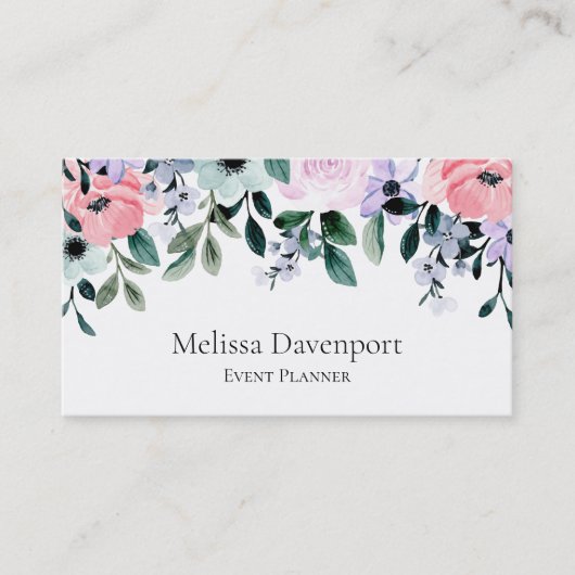 Roze Paarse groene Waterverf Floral Border Visitekaartje (Voorkant)