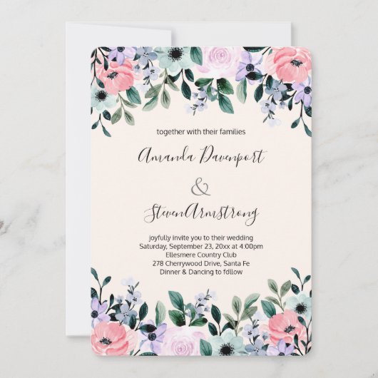 Roze Paarse groene Waterverf Floral Border Wedding Kaart (Voorkant)