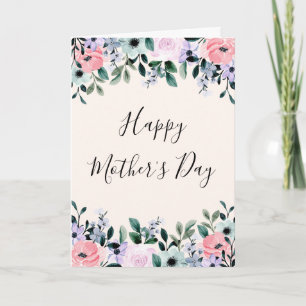 Roze Paarse groene Waterverf Floral Moederdag Kaart