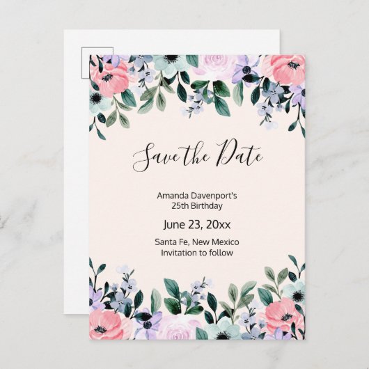 Roze Paarse groene Waterverf Floral sla de datum o Uitnodiging Briefkaart (Voorkant / Achterkant)