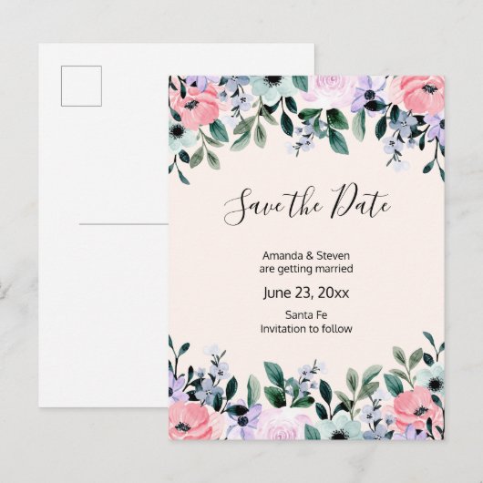 Roze Paarse groene Waterverf Floral sla de datum o Uitnodiging Briefkaart (Voorkant / Achterkant)