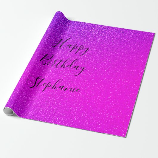 Roze Paarse Happy Birthday Glitter Aangepaste naam Cadeaupapier (Uitgerold)