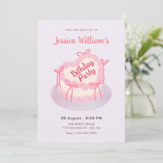 Roze paarse hart verjaardagstaart kaart (Staand voorkant)