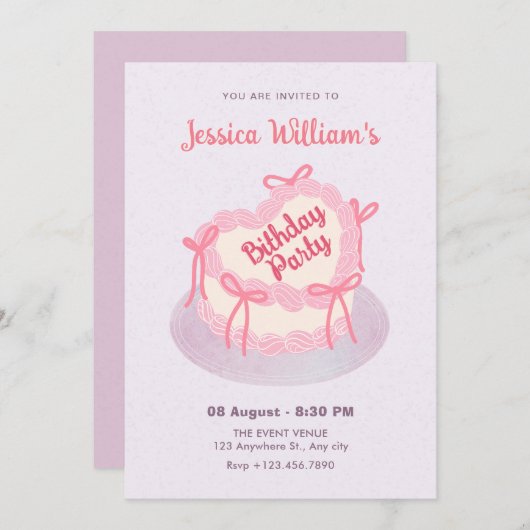 Roze paarse hart verjaardagstaart kaart (Voorkant / Achterkant)