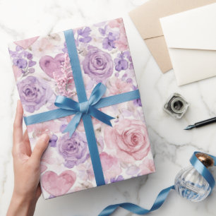 Roze Paarse Harten Bloemen Bruidsdouche Cadeaupapier